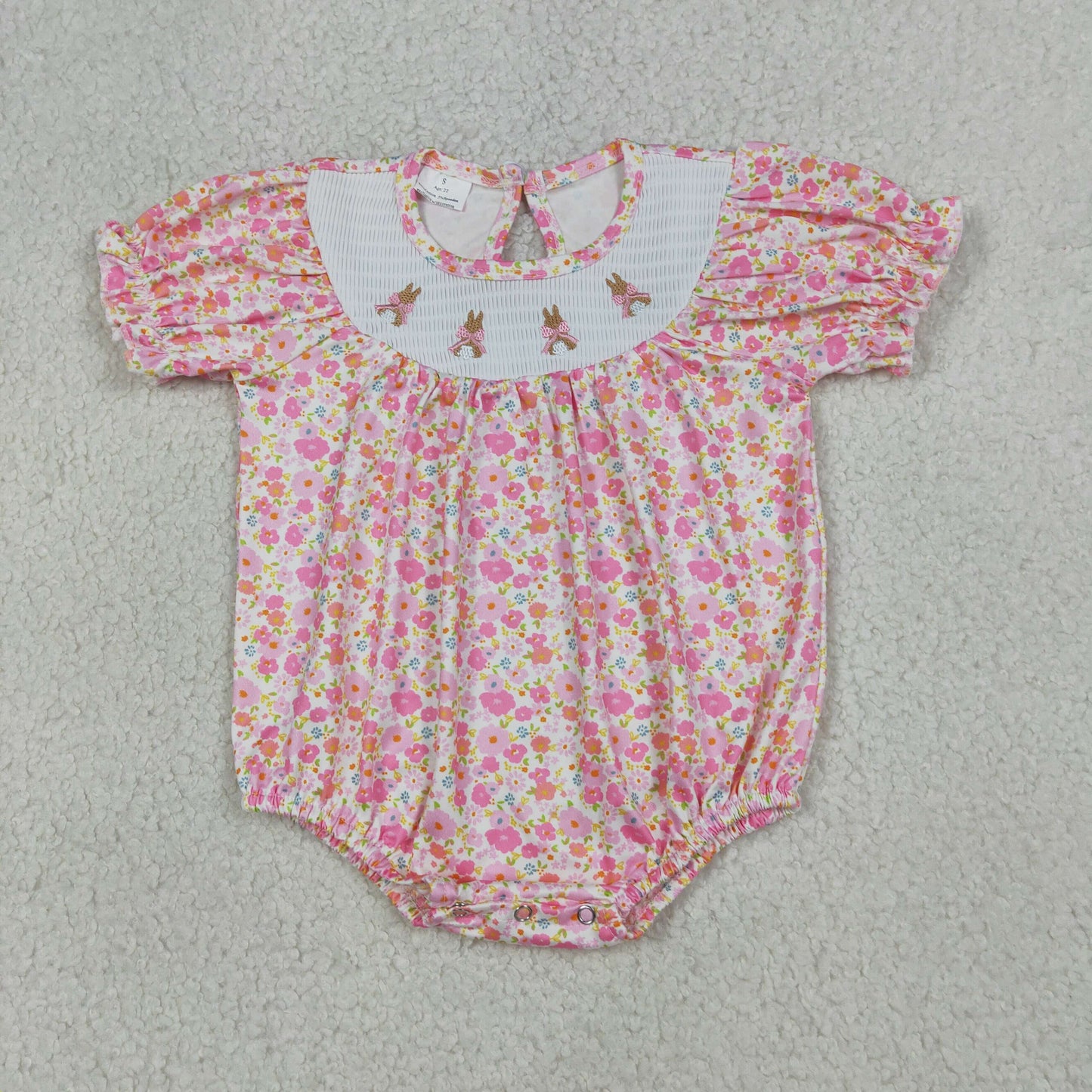 Smocked Bow Rabbits Baby Girls Pink Flowers Easter Ruffle Rompers