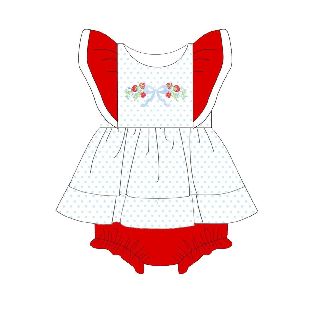 Baby Girls Flutter Sleeve Polka Dots Bow Strawberry Tunic Bummies Romper Preorder