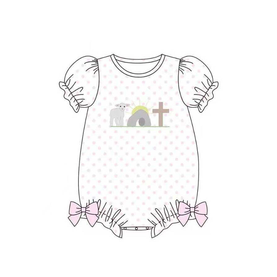 Baby Girls Short Ruffle Sleeve Polka Dots Cross Easter Bows Romper Preorder