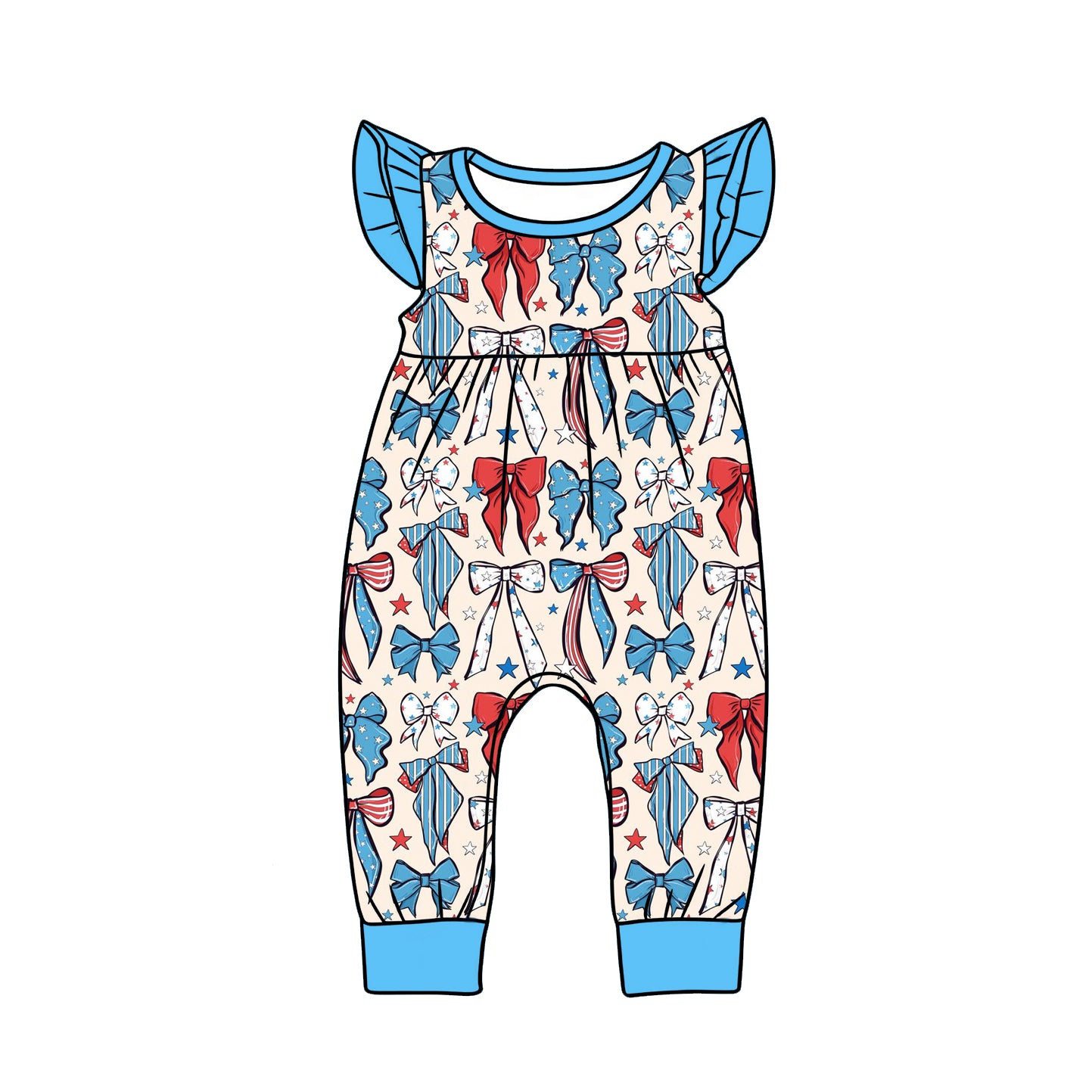 Baby Girls Flutter Sleeve Red Blue Stars Bows 4th of July Footie Rompers Preorder