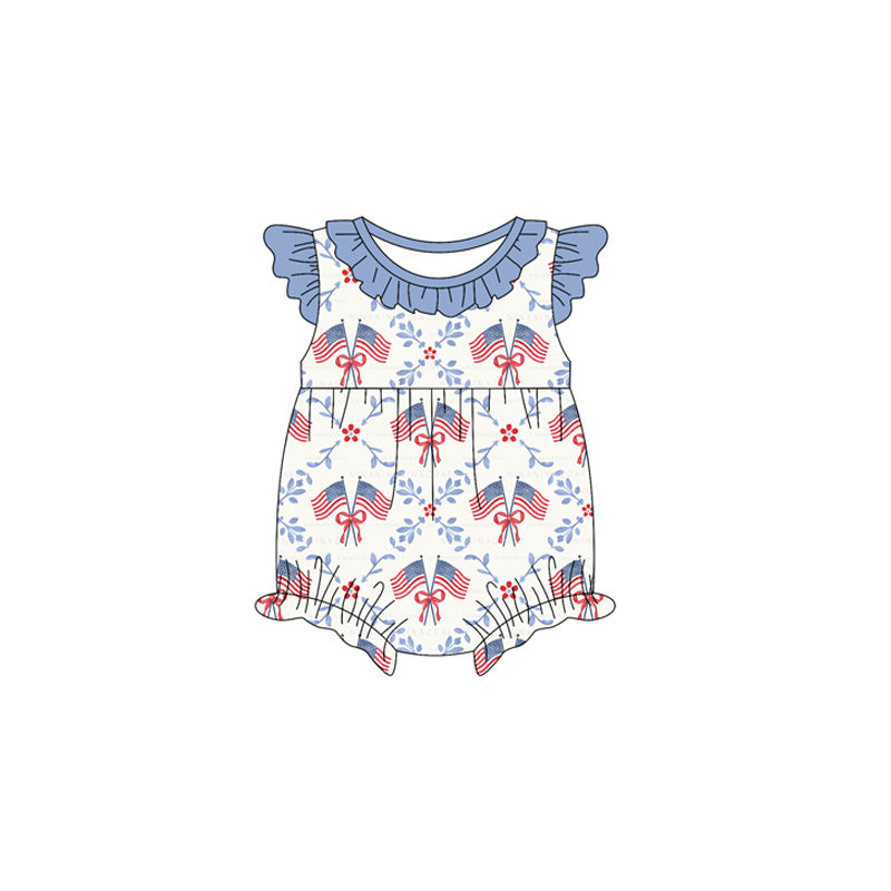 Baby Girls Flutter Sleeve Flags Flowers Checked 4th of July Ruffle Collar Rompers Preorder