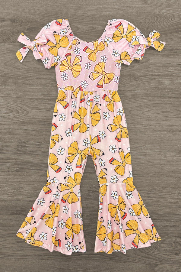 Baby Girls Flowers Pencil Bows Back to School Bell Bottom Pant Jumpsuits Preorder