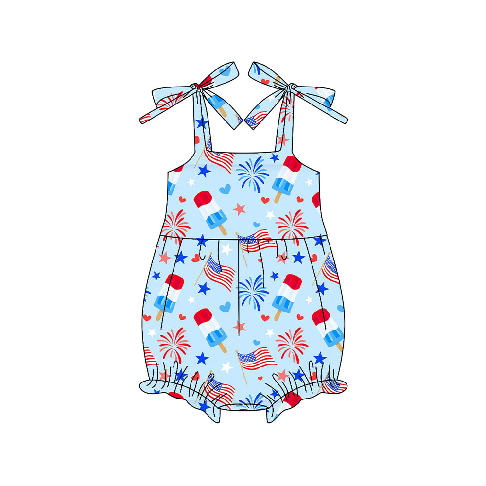 Baby Girls Bows Strap Flags Fireworks Popsicle 4th of July Ruffle Rompers Preorder