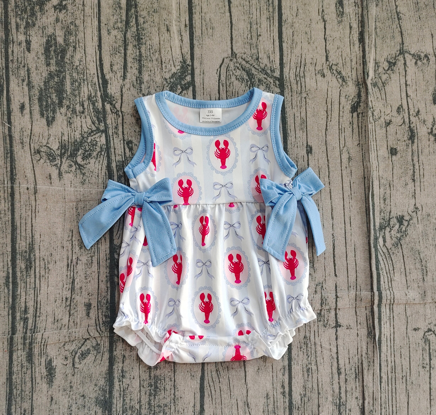 Baby Girls Sleeveless Bows Crayfishes Stripe Ruffle Rompers Preorder