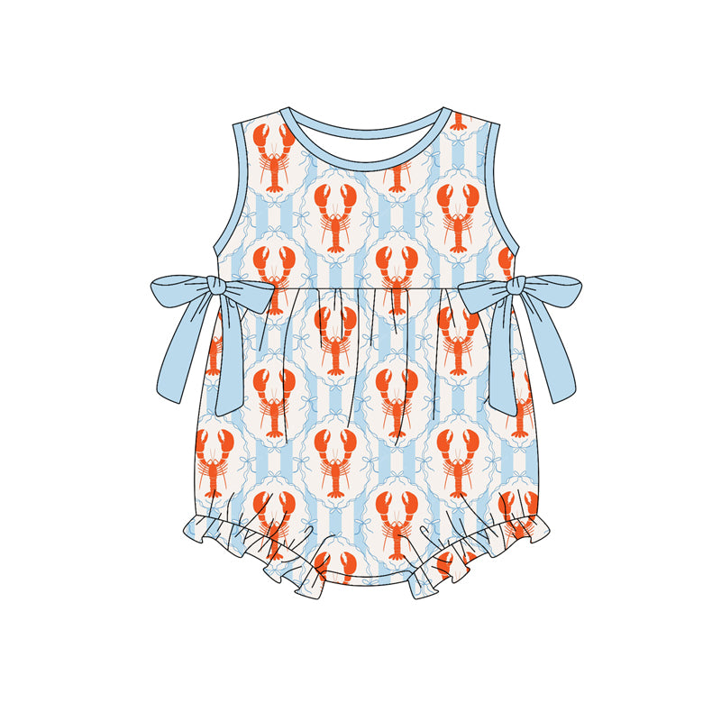 Baby Girls Sleeveless Bows Crayfishes Checked Ruffle Rompers Preorder