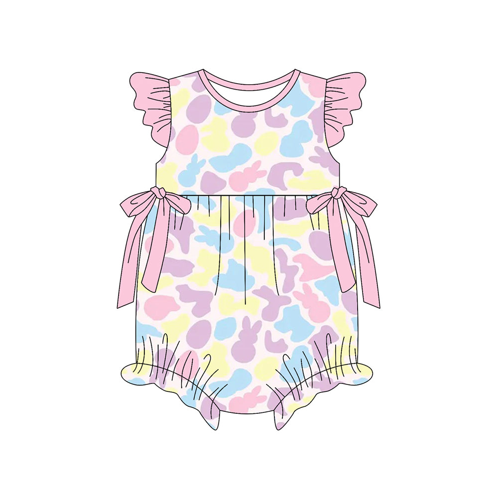 Baby Girls Flutter Sleeve Colorful Camo Rabbits Easter Bows Ruffle Rompers Preorder