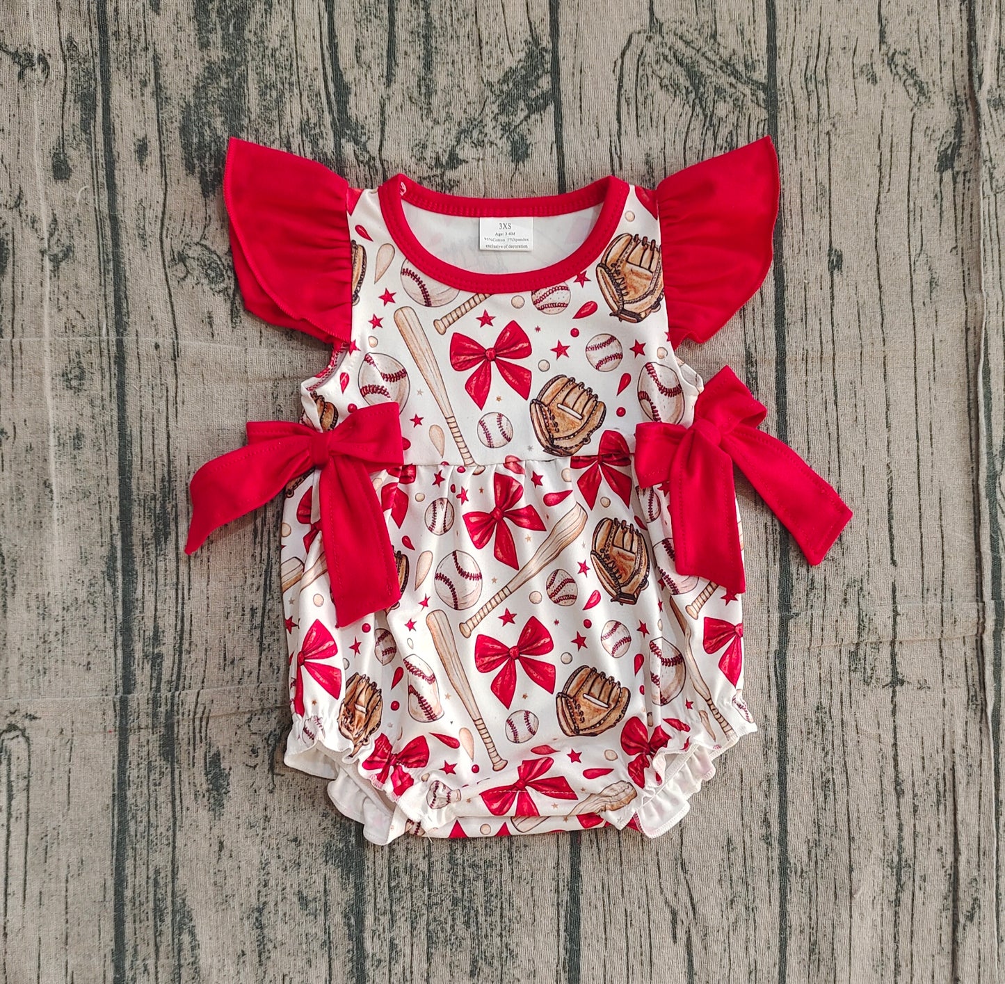 Baby Girls Flutter Sleeve Baseballs Bows Team Ruffle Rompers
