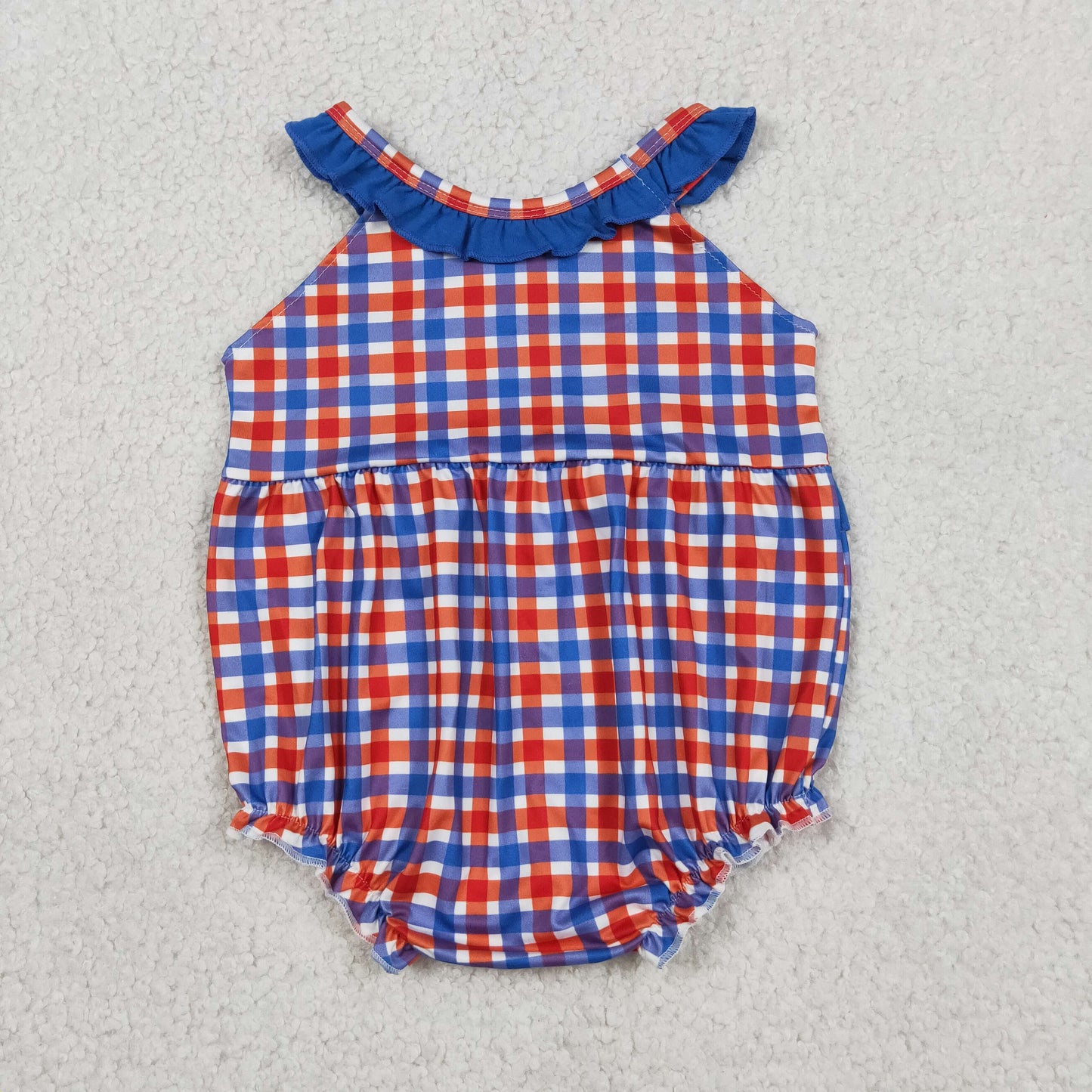 Embroidery Cow Pig House Baby Girls Red Blue Checked Farm Ruffle Rompers