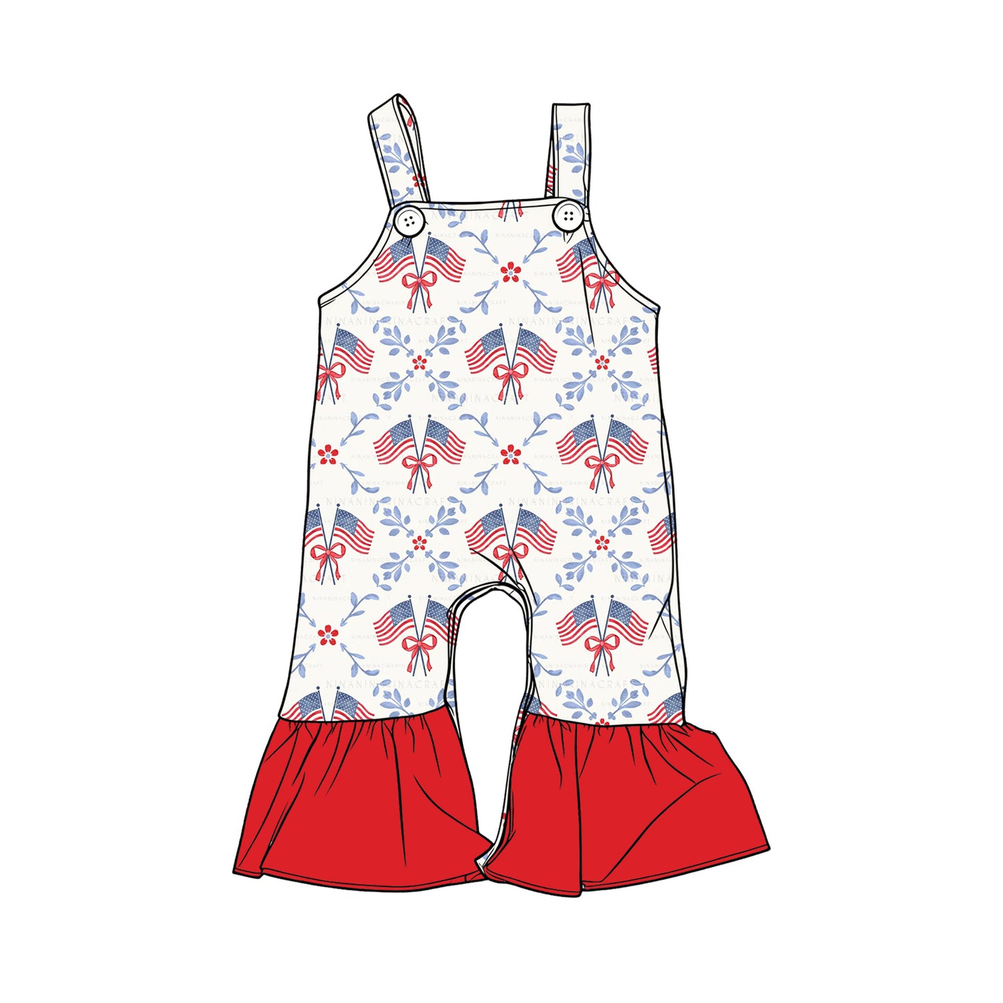 Baby Girls Strap Flowers Flags Checked 4th of July Ruffle Pants Rompers Preorder