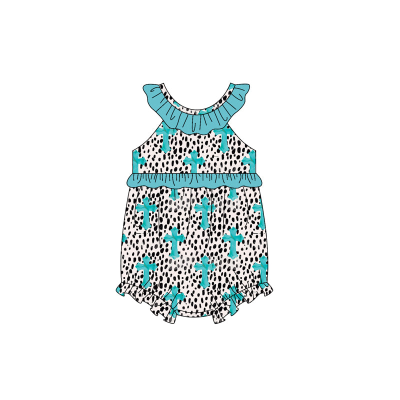 Baby Girls Sleeveless Leopard Crosses Easter Collar Ruffle Rompers Preorder