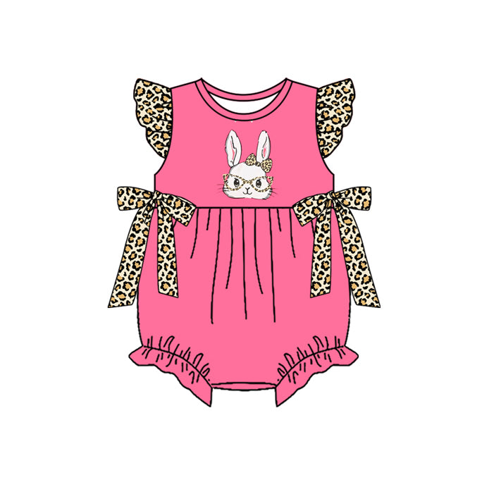 Baby Girls Flutter Sleeve Leopard Bows Rabbits Easter Ruffle Rompers Preorder