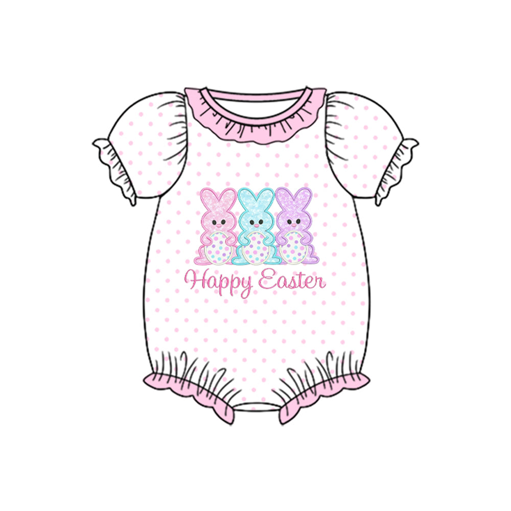 Baby Girls Pink Polka Dots Rabbits Eggs Happy Easter Ruffle Rompers Preorder