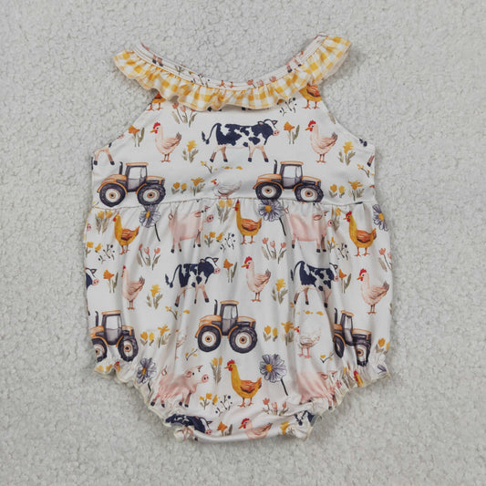 Baby Girls Cows Trucks Farm Collar Ruffle Rompers