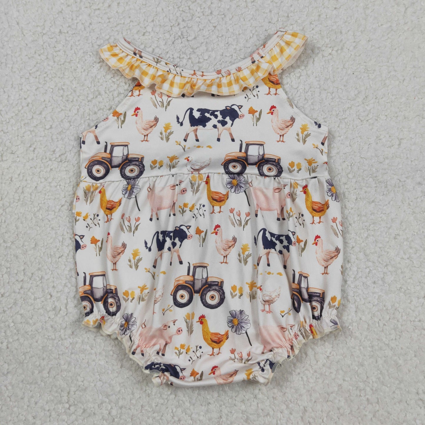 Sibling Baby Girls Pigs Cows Tunic Checked Ruffle Short Farm Clothes Set Rompers