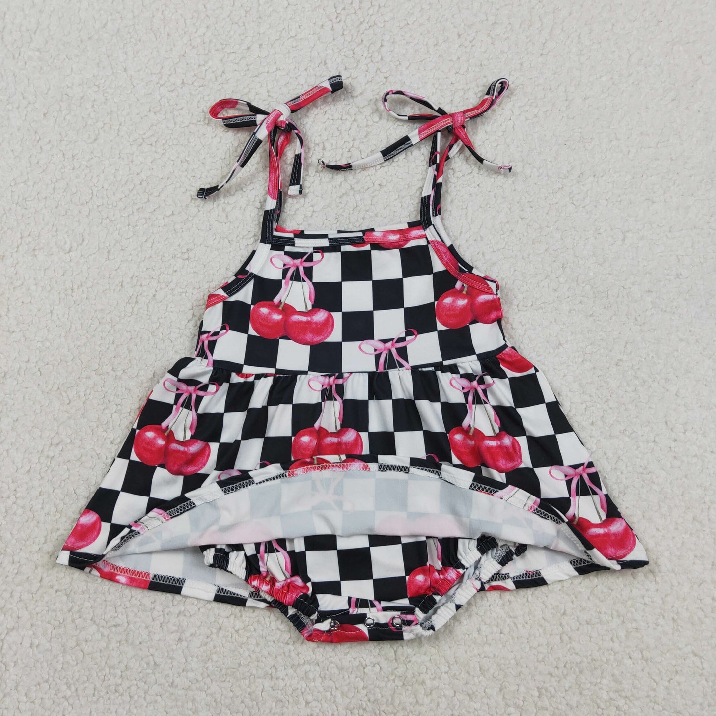 Sibling Baby Girls Black Checked Cherry Tunic Short Clothes Set Strap Bummies Rompers