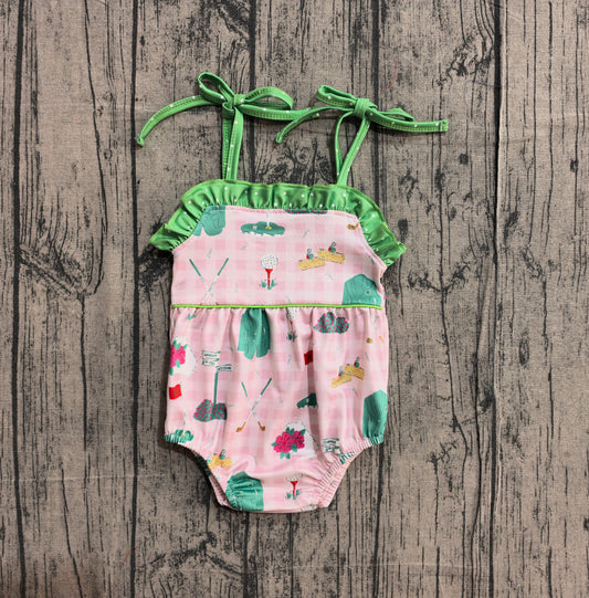 Baby Girls Strap Pink Checked Golf Flags Ruffle Rompers