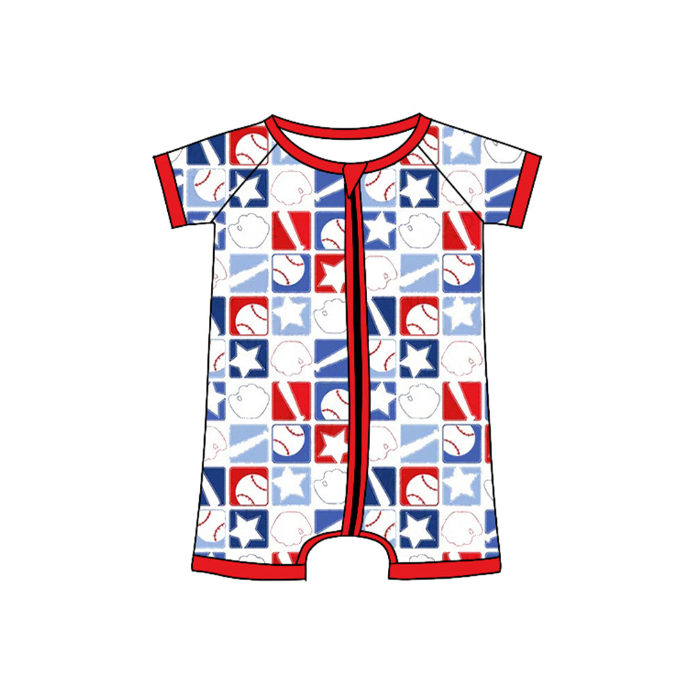 Baby Boys Short Sleeve Baseballs Checked Zipper Team Rompers Preorder