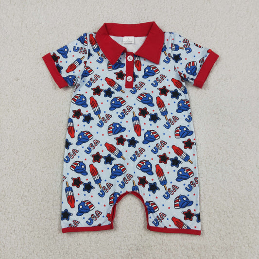 Baby Boys Short Sleeve USA Popsicle Stars 4th of July Button Rompers