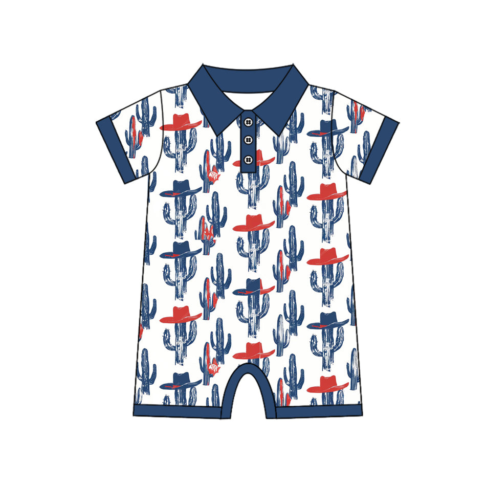 Baby Boys Short Sleeve Cactus Hats Western Button Zipper Rompers Preorder