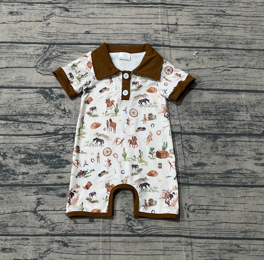 Baby Boys Button Horse Rodeos Cactus Western Short Rompers