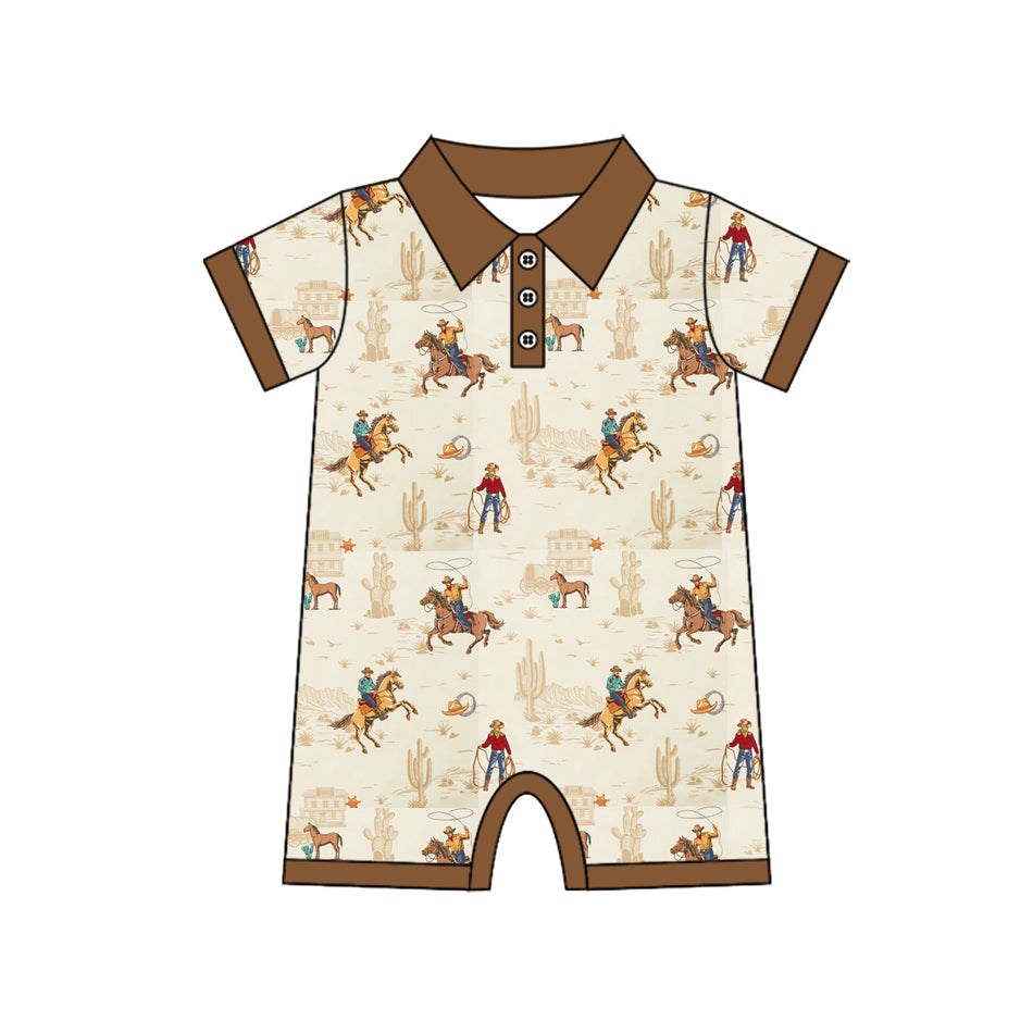 Baby Boys Short Sleeve Cactus Horse Rodeos Western Button Zipper Rompers Preorder