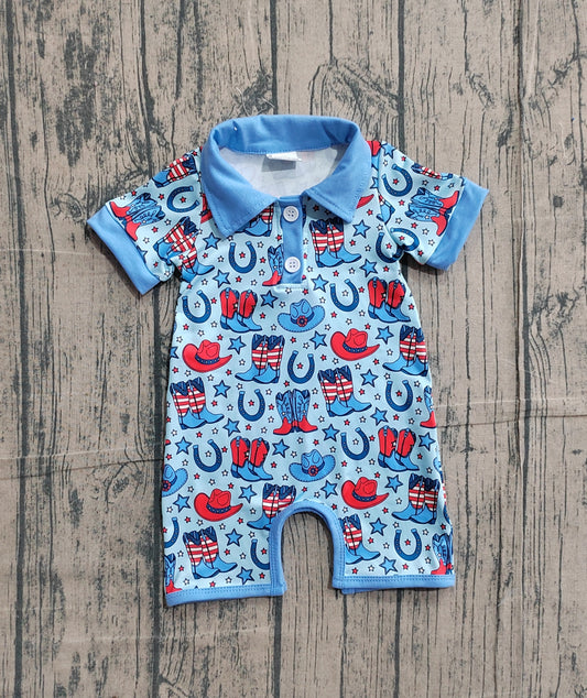 Baby Boys Short Sleeve Star Hat Boots 4th of July Western Button Rompers