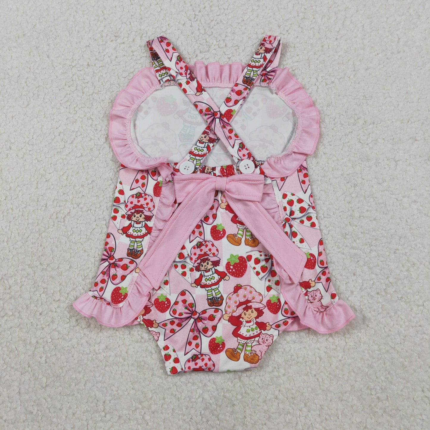 Baby Strawberry Girls Strap Flowers Back Bow Ruffle Rompers