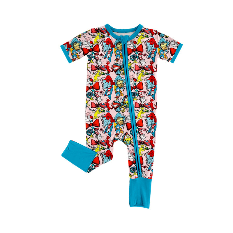 Baby Girls Short Sleeve Cartoon Dr Reading Bows Two Way Zip Convertible Rompers Preorder