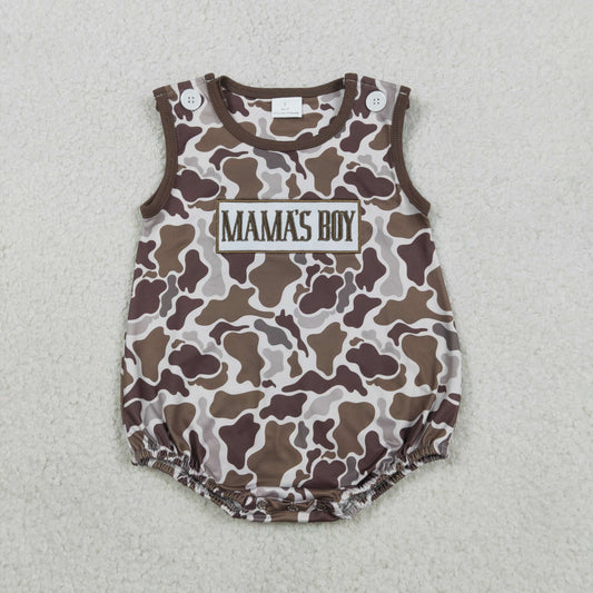 Sibling Embroidery Mama's Boy Girl Brown Camo Shorts Clothes Set Dress Rompers