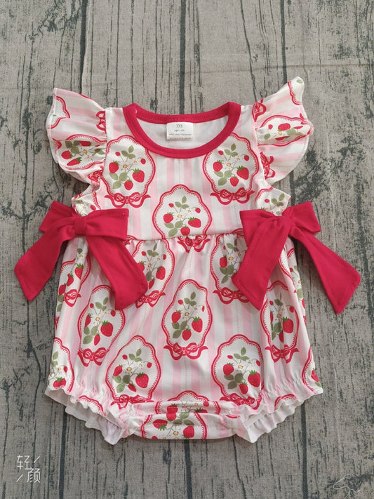 Baby Girls Pink Stripe Flowers Strawberry Ruffle Rompers