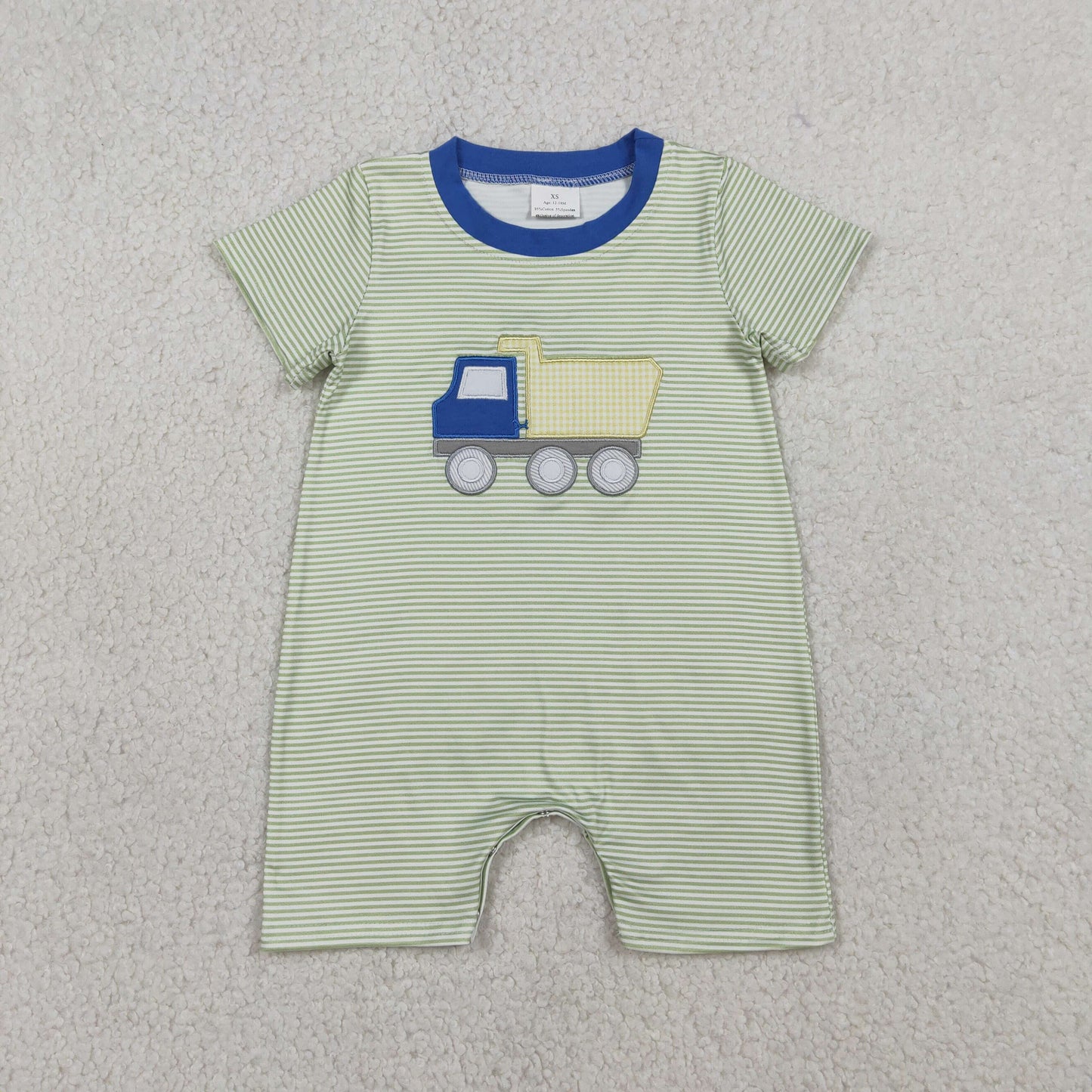 Embroidery Tractors Baby Boys Short Sleeve Green Stripe Rompers