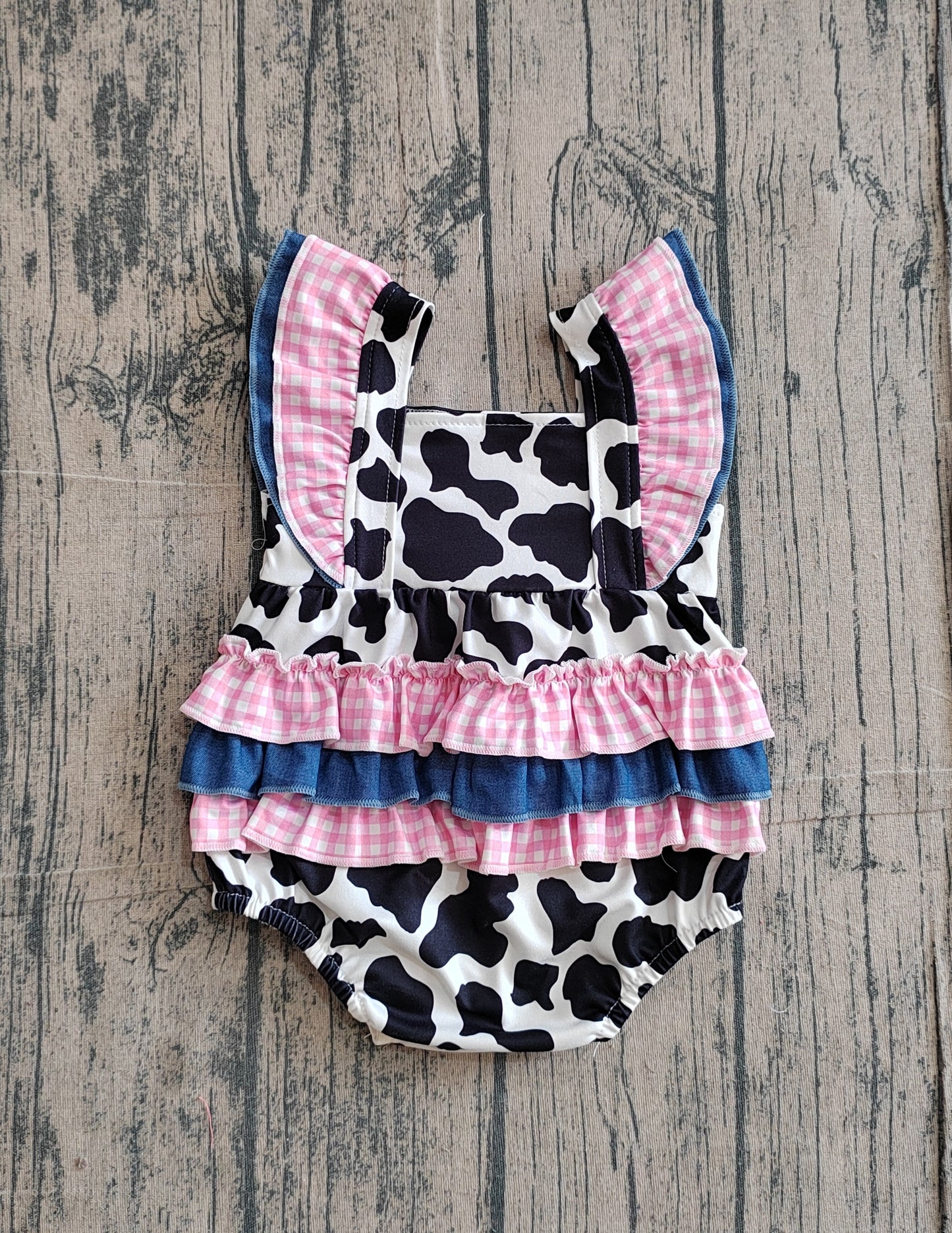 Baby Girls Flutter Sleeve Western Cow Print Ruffle Rompers