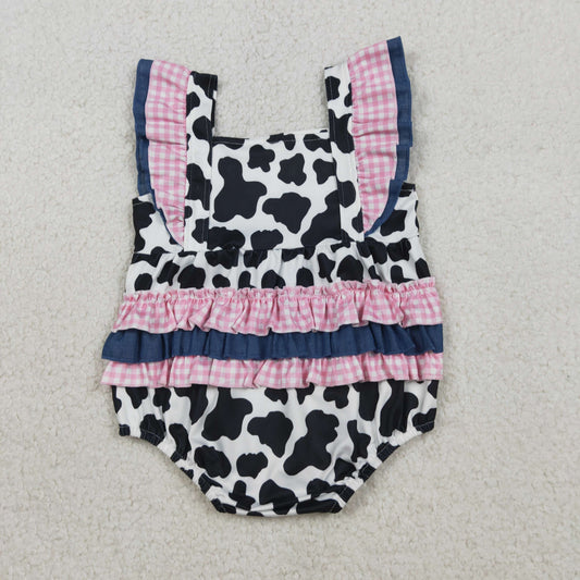 Baby Girls Flutter Sleeve Western Cow Print Ruffle Rompers