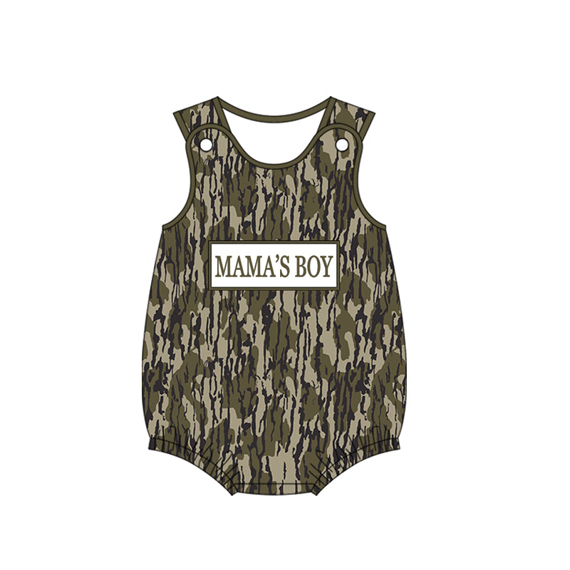 Baby Boys Sleeveless Southern Olive Camo Mama's Boy Rompers Preorder