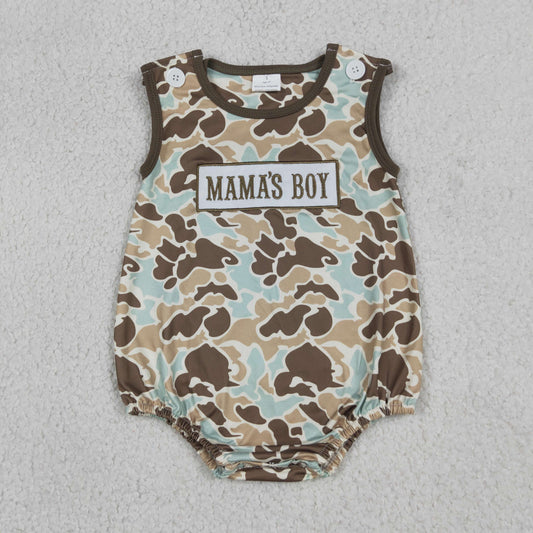 Embroidery Mama's Boy Sleeveless Southern Khaki Camo Rompers