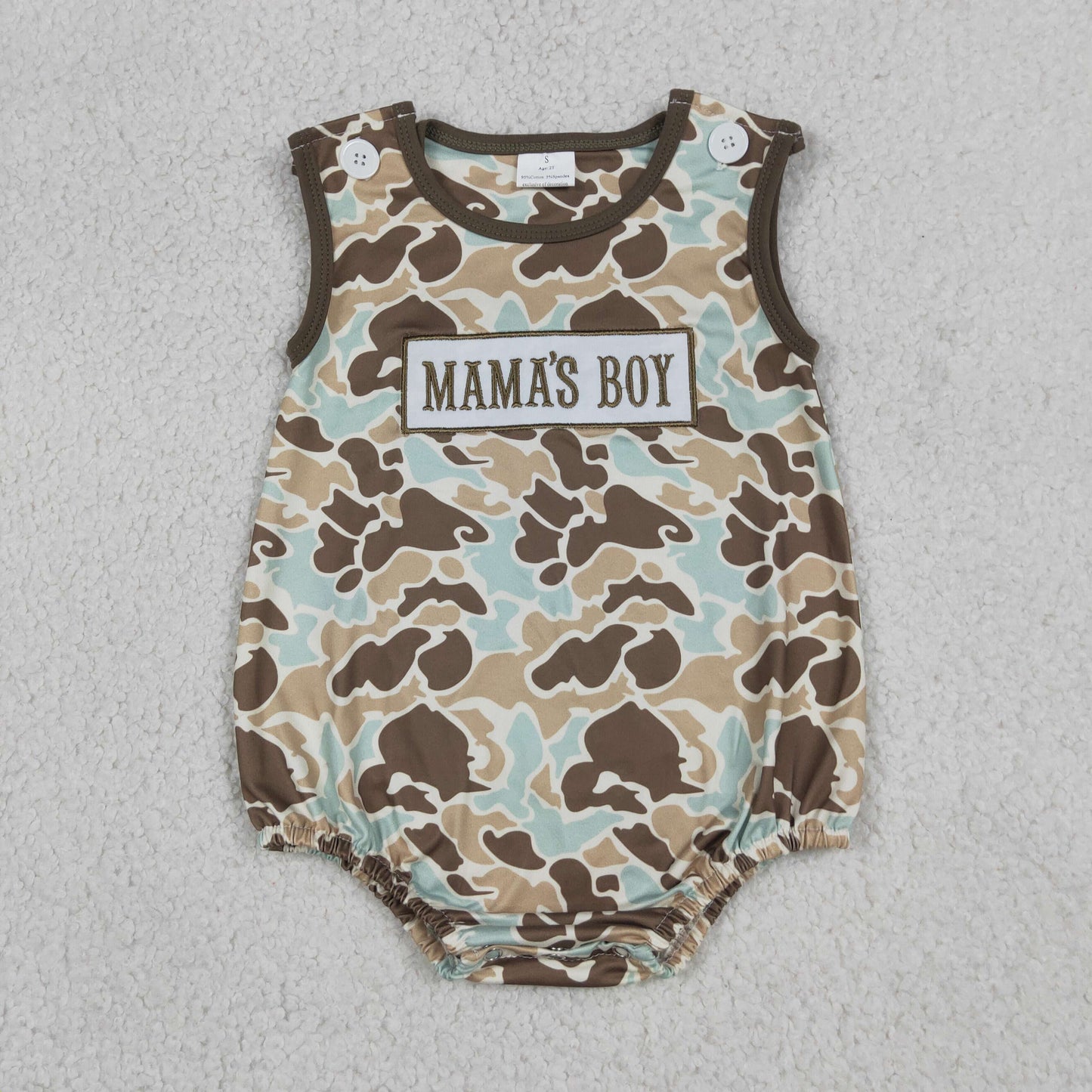Embroidery Mama's Boy Sleeveless Southern Khaki Camo Rompers