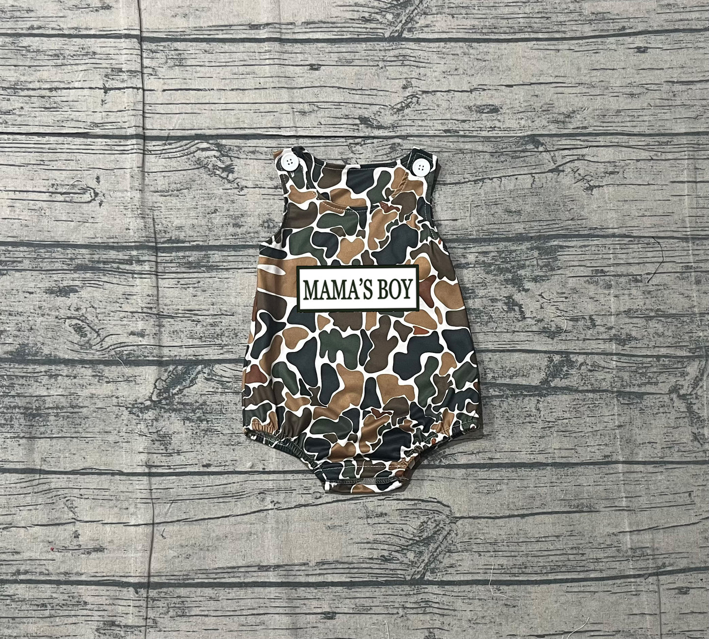 Embroidery Mama's Boy Sleeveless Southern Dark Brown Camo Rompers Preorder