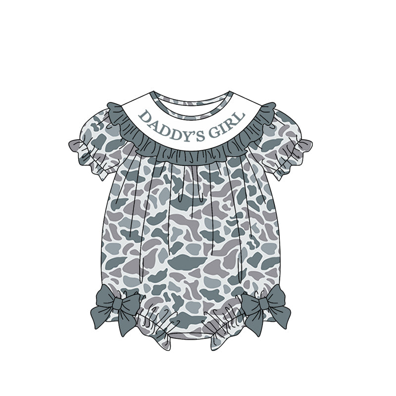 Baby Girls Short Sleeve Southern Light Grey Camo Daddy's Girl Bows Ruffle Rompers Preorder