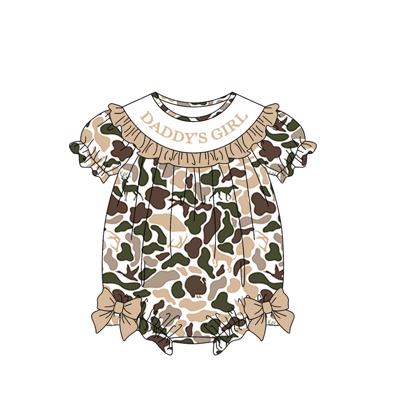 Baby Girls Southern Hunting Duck Dogs Camo Daddy's Girl Bows Ruffle Rompers Preorder