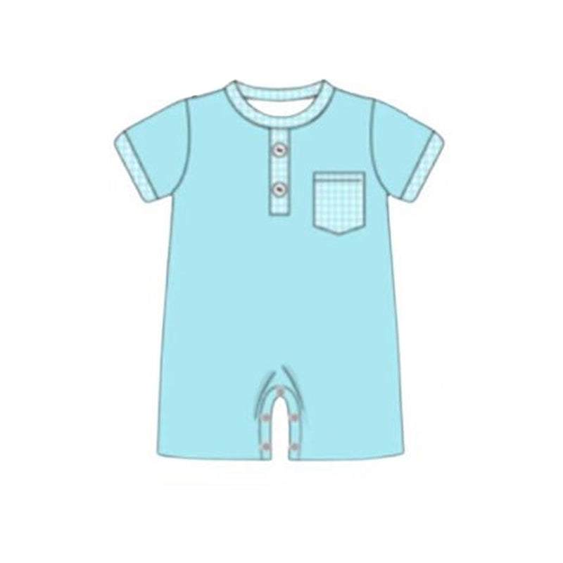 Baby Boys Blue Short Sleeve Button Checked Pocket Rompers Preorder