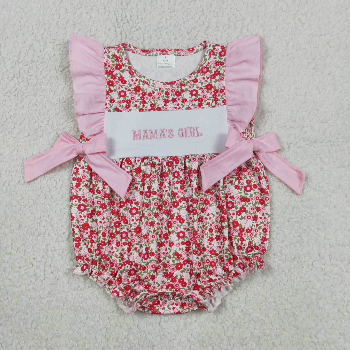 Embroidery Mama's Girls Flutter Sleeve Flowers Bows Ruffle Rompers