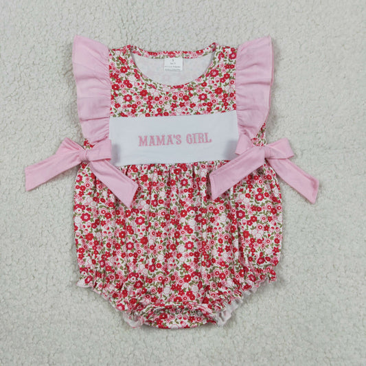 Embroidery Mama's Girls Flutter Sleeve Flowers Bows Ruffle Rompers