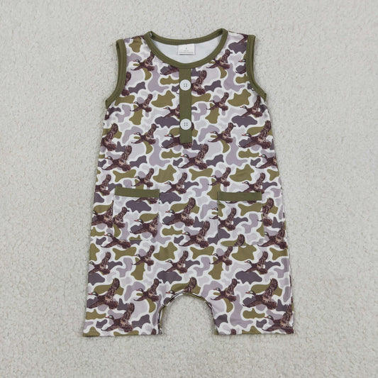 Baby Boys Southern Camo Ducks Button Pockets Hunting Rompers
