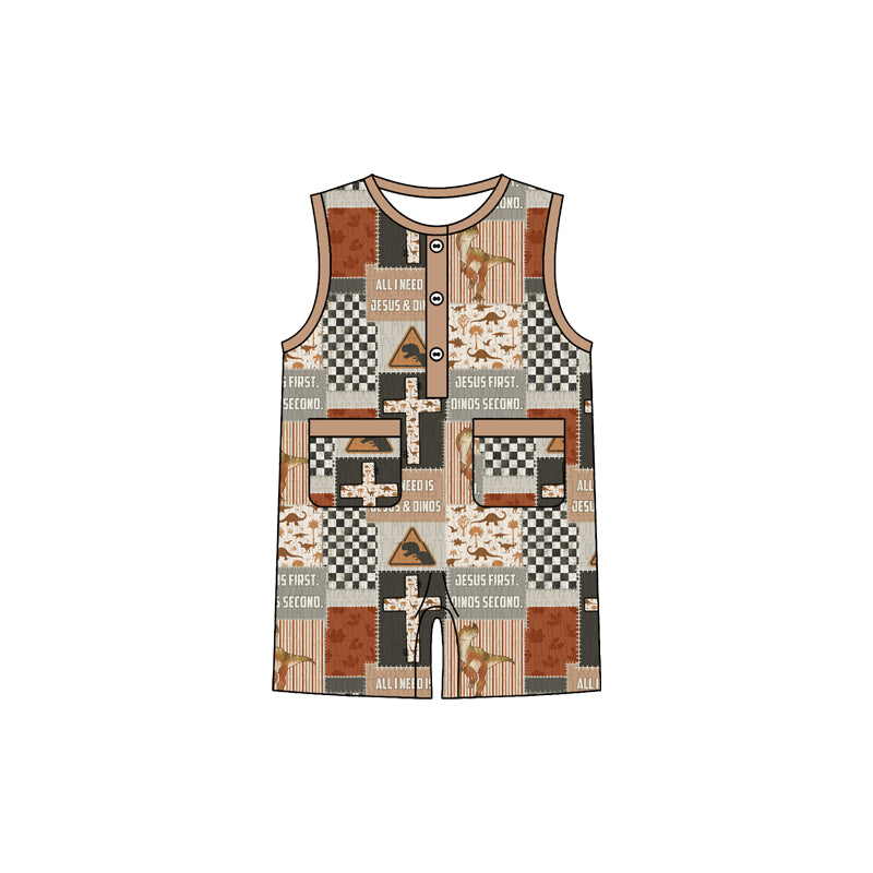 Baby Boys Dinosaurs Checked Button Pockets Hunting Rompers Preorder