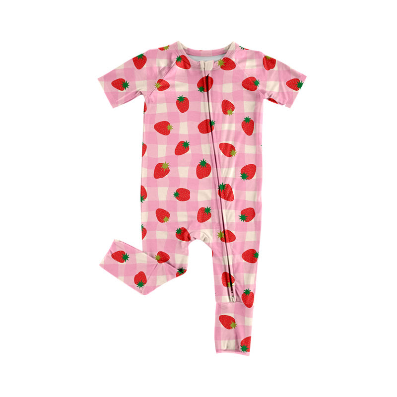 Baby Girls Pink Checked Strawberry Two Way Zip Convertible Rompers Preorder