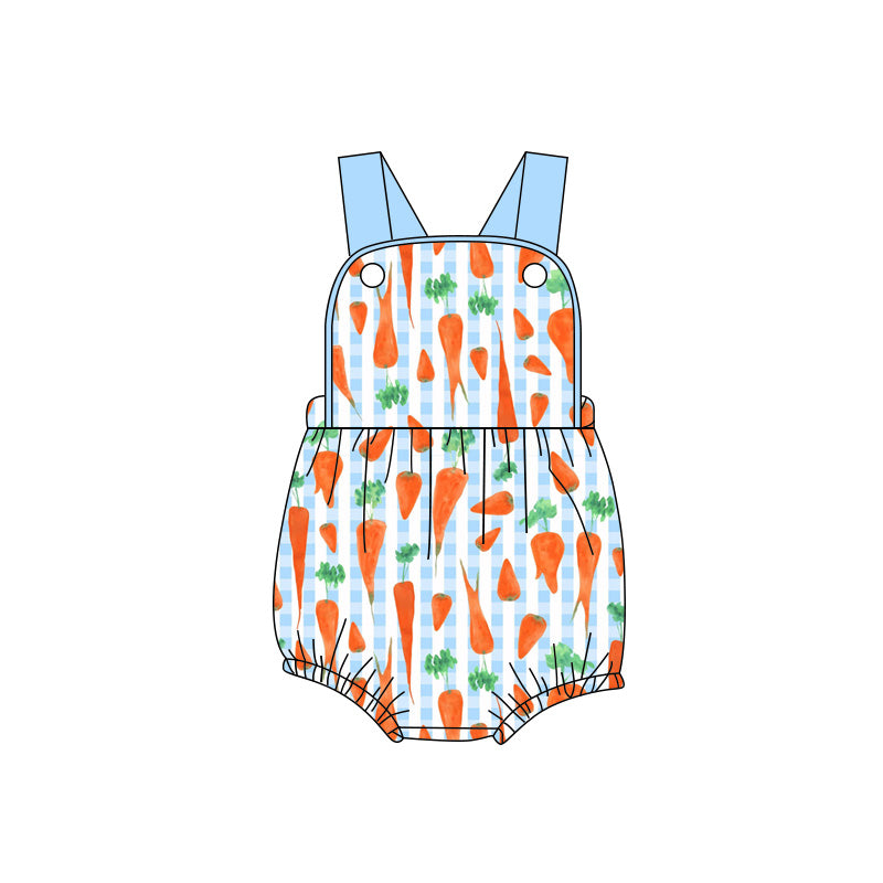 Baby Boys Strap Carrots Blue Checked Easter Rompers Preorder