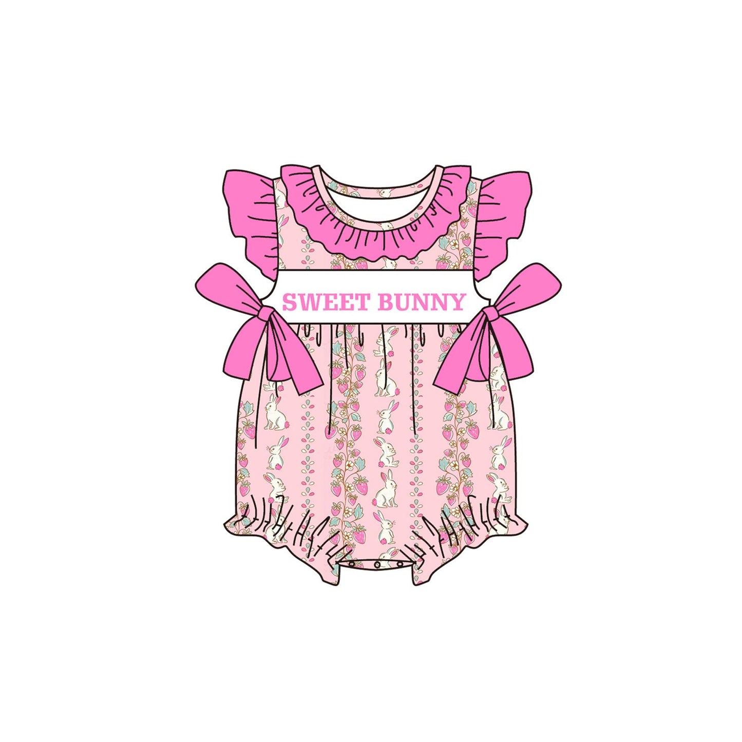 Baby Girls Sweet Bunny Strawberry Rabbits Stripe Easter Ruffle Rompers Preorder