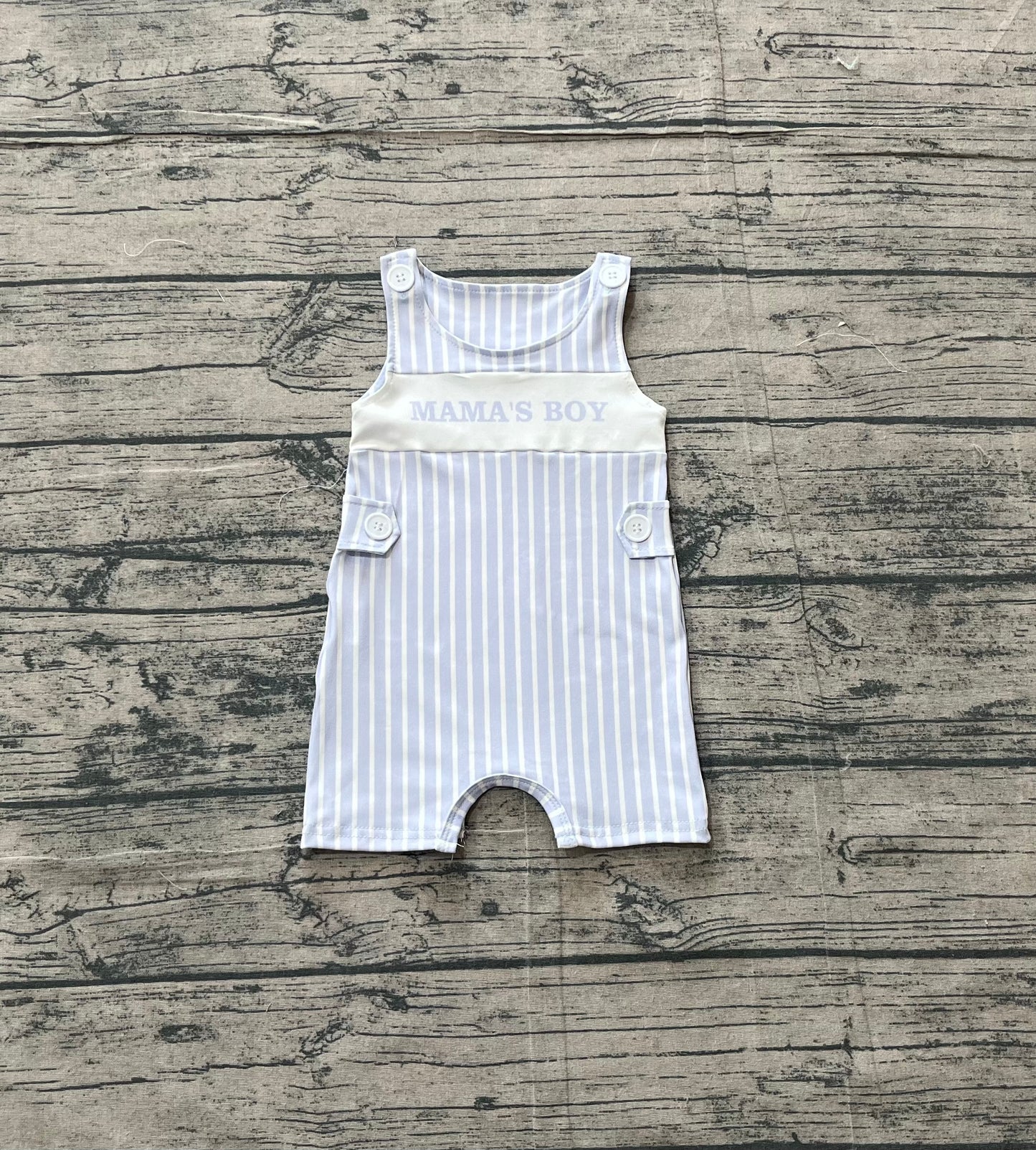 Baby Boys Sleeveless Light Blue Stripe Mama's Boy Short Rompers