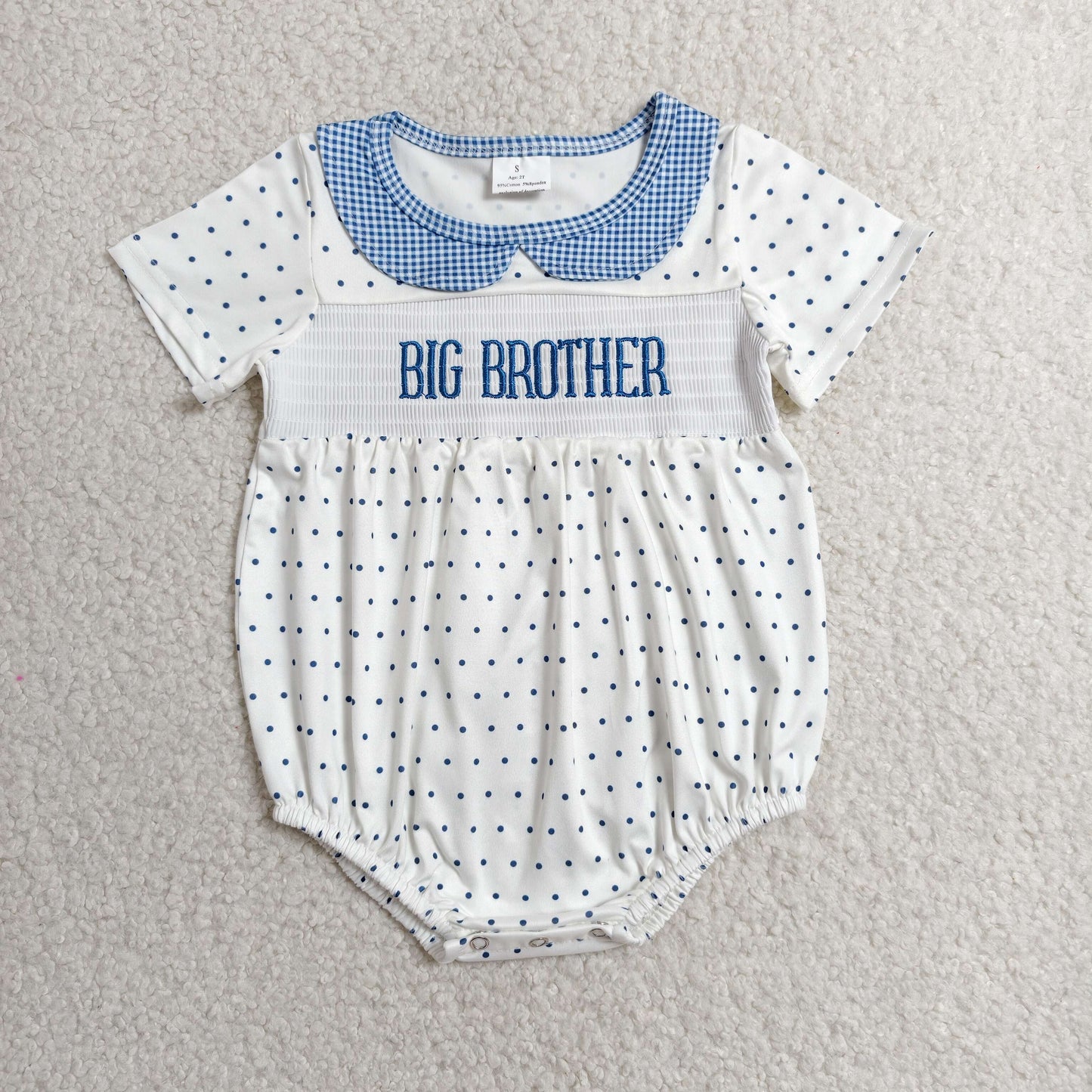 Smocked Big Brother Baby Boys Short Sleeve Polka Dots Rompers