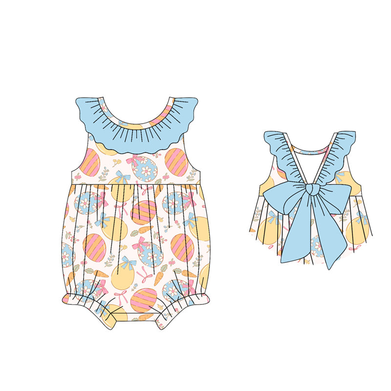 Baby Girls Sleeveless Back Bow Flowers Eggs Easter Ruffle Rompers Preorder